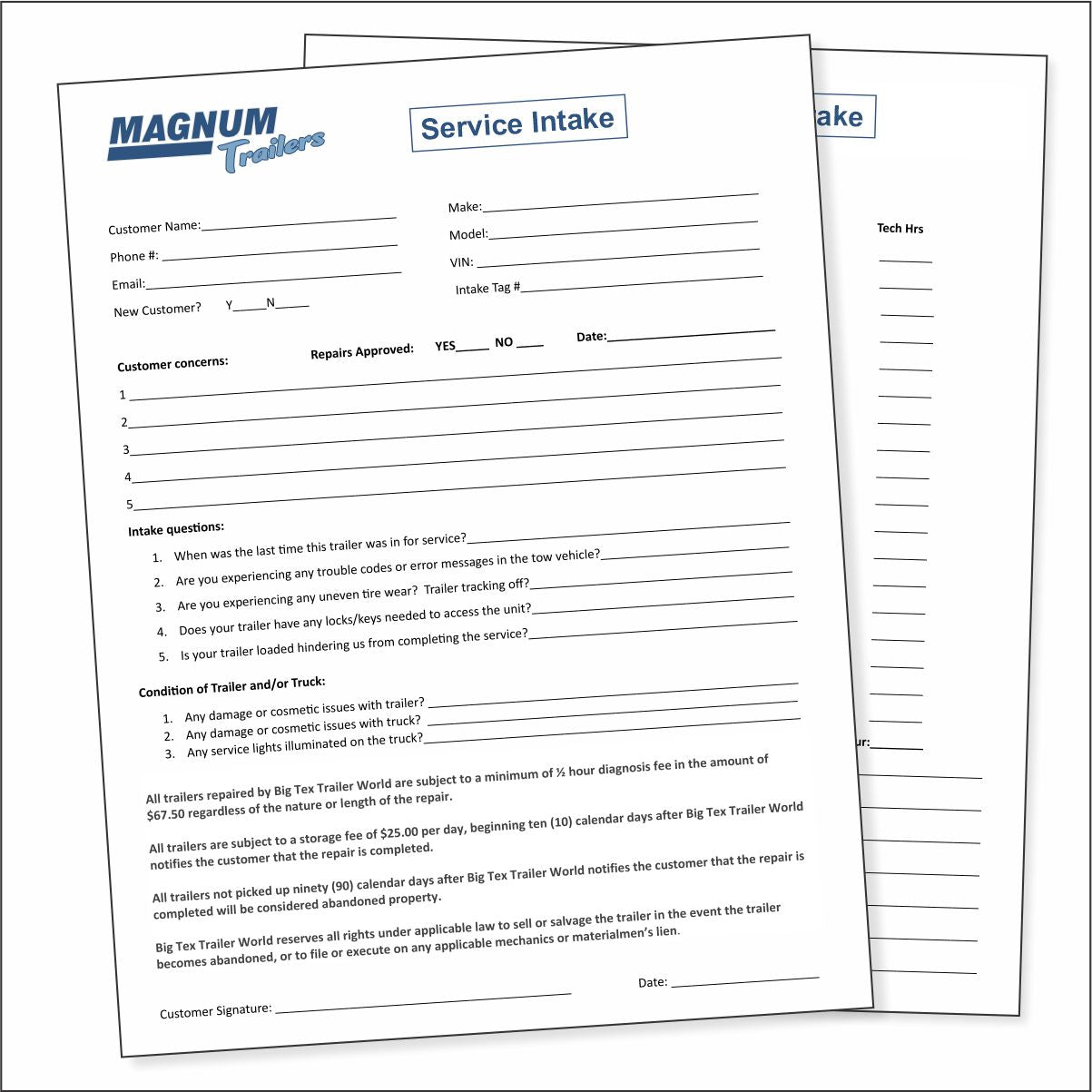 FIVE PADS OF 50 MAGNUM TRAILER INTAKE FORMS