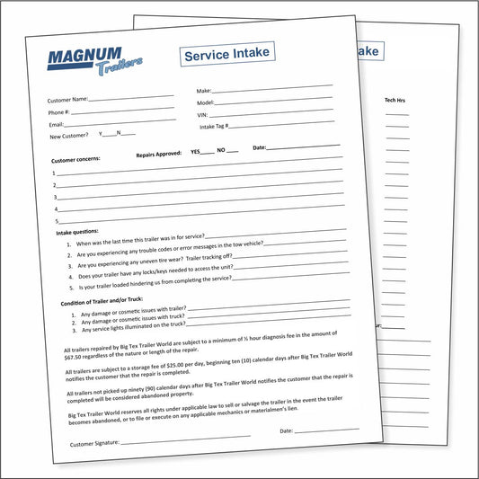 FIVE PADS OF 50 MAGNUM TRAILER INTAKE FORMS