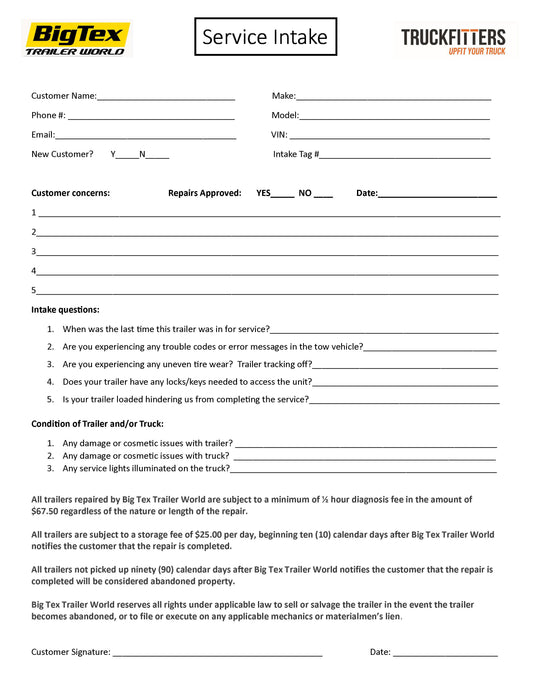 FIVE PADS OF 50 TRAILER INTAKE FORMS
